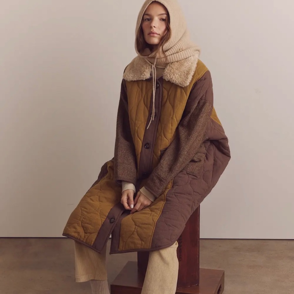 Patch Quilted Wool Blend Detachable Fur Collar Coat